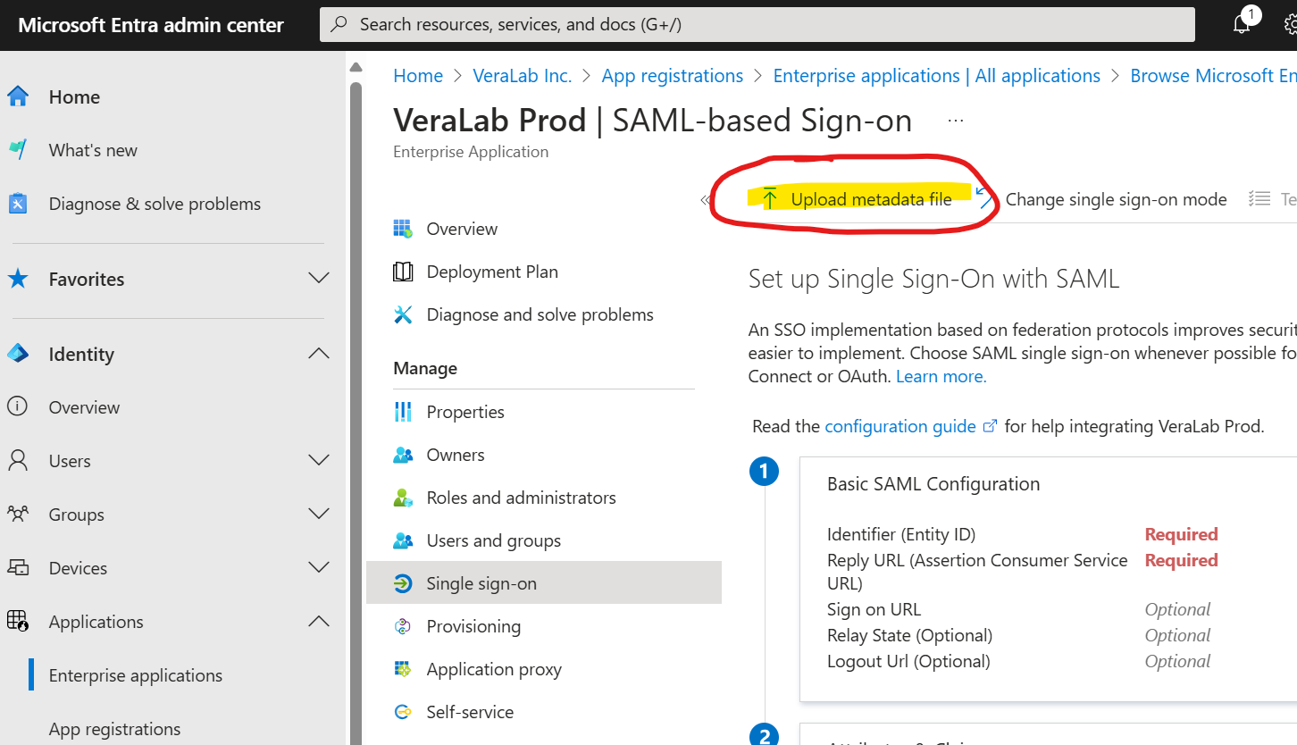 Entra SAML-based Sign-on page for VeraLab Prod with the Upload metadata file button circled