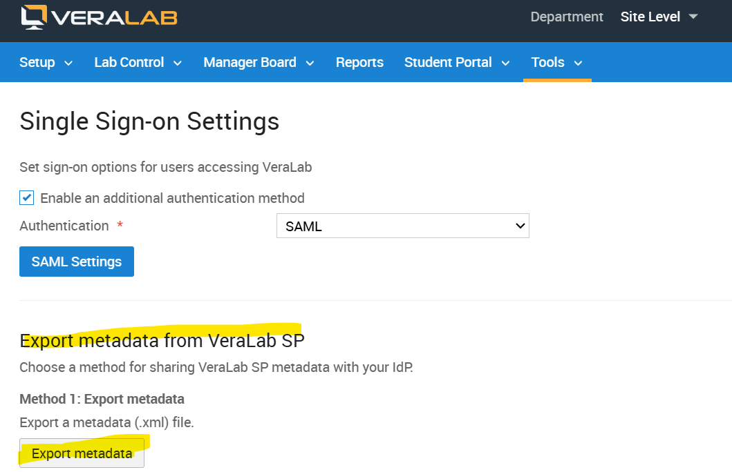 VeraLab Single Sign-on Settings with the Export metadata from VeraLab SP section and Export metadata button highlighted