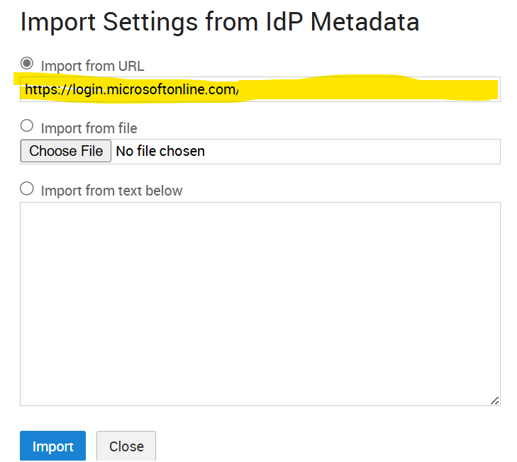 VeraLab Import Settings from IdP Metadata dialog with Import from URL selected and a login.microsoftonline.com metadata URL pasted