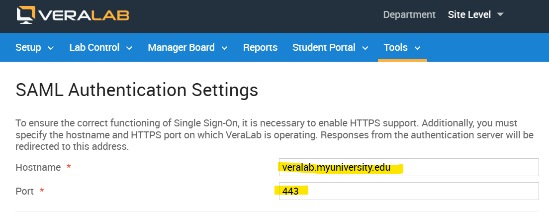 VeraLab SAML Authentication Settings with Hostname veralab.myuniversity.edu and Port 443