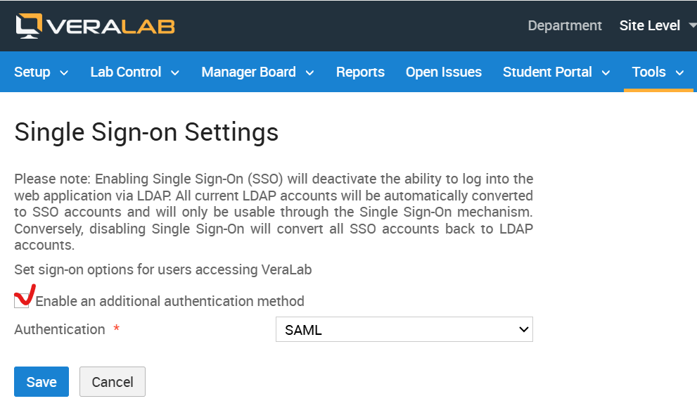 VeraLab Single Sign-on Settings with Enable an additional authentication method checked and SAML selected
