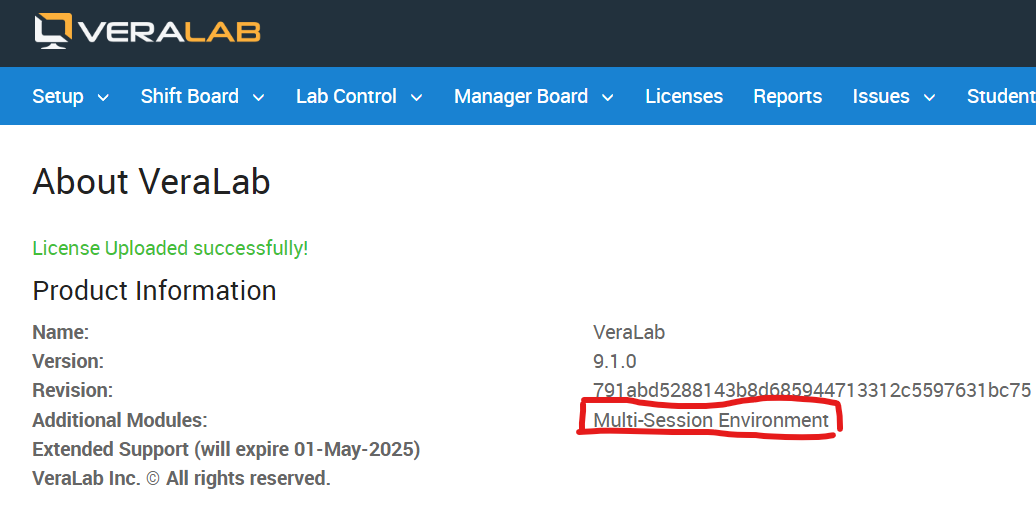 About VeraLab page listing Multi-Session Environment under Additional Modules