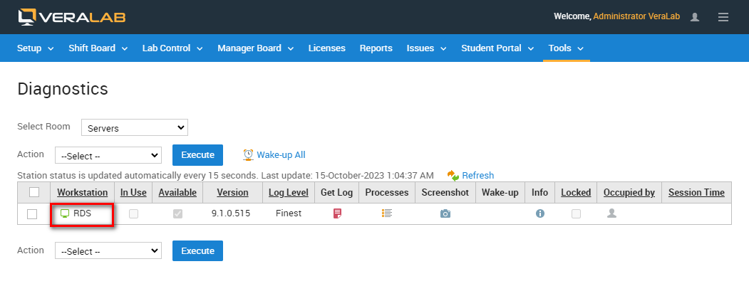 Diagnostics page for the Servers room showing the connected RDS server