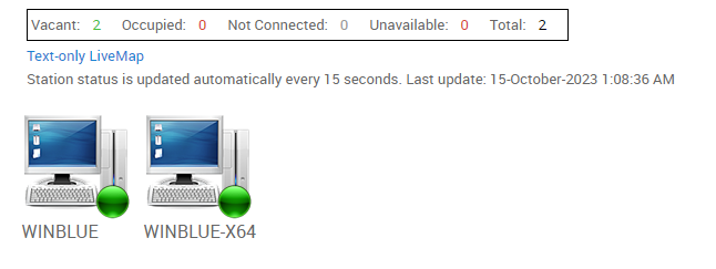 Live Map showing thin client stations WINBLUE and WINBLUE-X64 as vacant