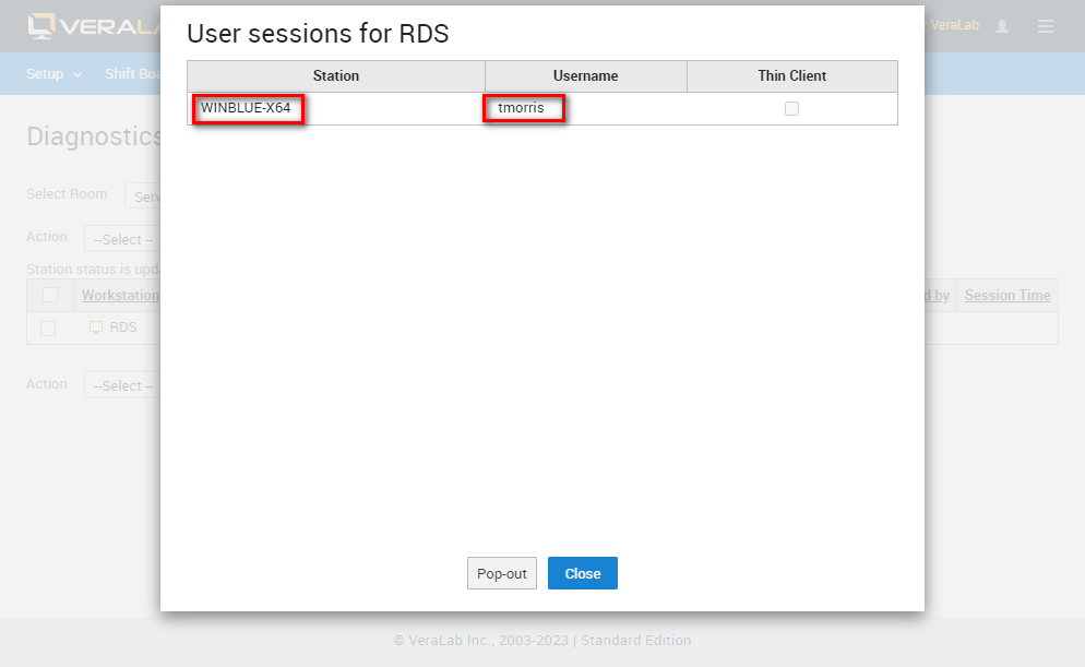 User sessions for RDS window listing station WINBLUE-X64 and its username