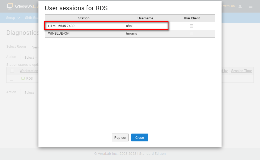 User sessions for RDS window listing a web session named HTML-6545-7430 alongside the WINBLUE-X64 terminal session