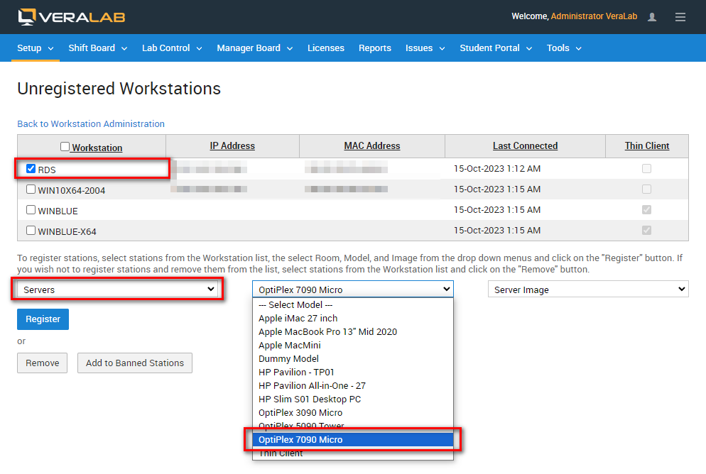 Unregistered Workstations list with the RDS server selected, the Servers room chosen and a computer model picked before clicking Register