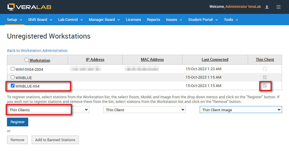 Unregistered Workstations list with thin client WINBLUE-X64 selected and the Thin Clients room, Thin Client model and Thin Client Image chosen