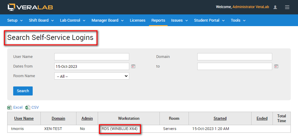 Search Self-Service Logins report showing a session on workstation RDS (WINBLUE-X64) in the Servers room