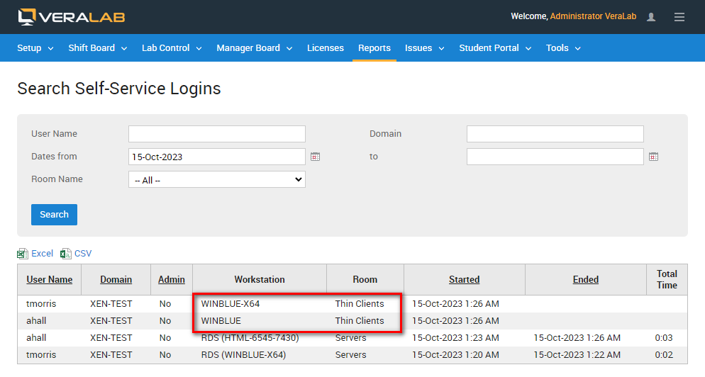 Search Self-Service Logins report with sessions on WINBLUE-X64 and WINBLUE listed under the Thin Clients room