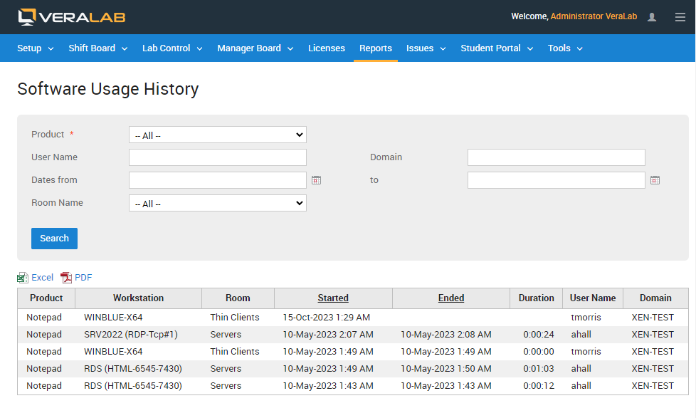 Software Usage History report showing Notepad usage on thin clients and RDS sessions