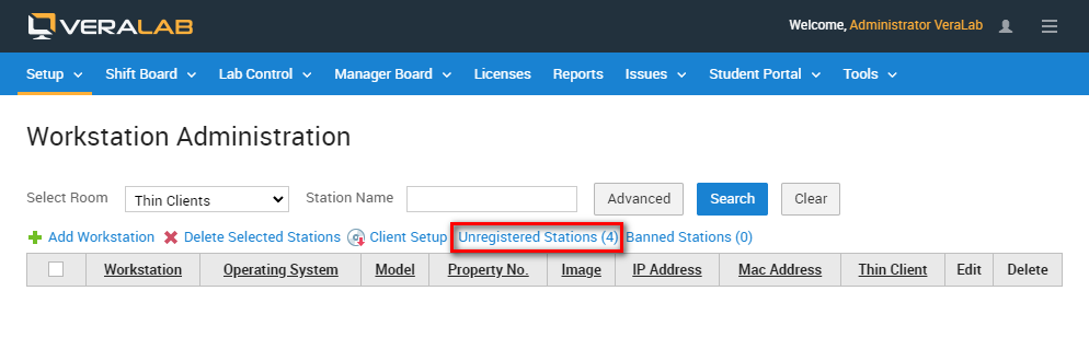 Workstation Administration page with the Unregistered Stations link highlighted