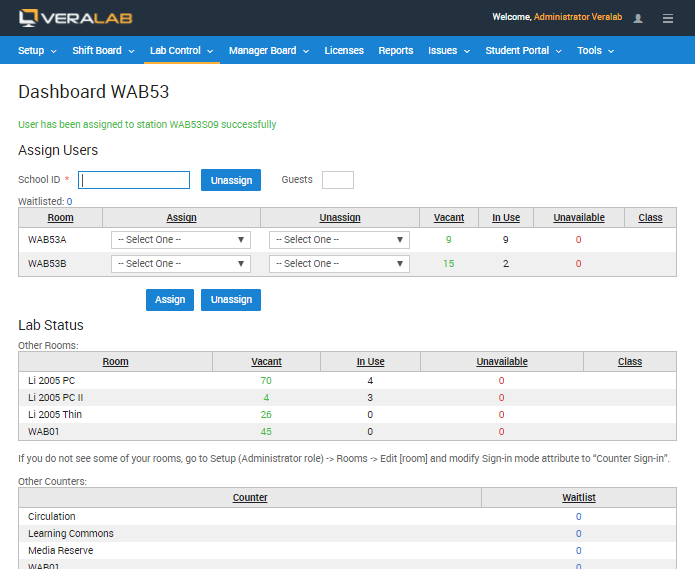 VeraLab Lab Assistant Dashboard for counter WAB53 with a School ID field, Assign and Unassign controls, and vacant, in-use and unavailable counts for each room
