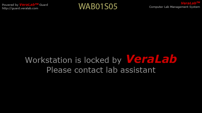 VeraLab Guard lock screen on workstation WAB01S05 reading Workstation is locked by VeraLab, Please contact lab assistant