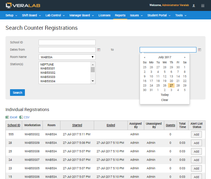 Search Counter Registrations form with School ID, date range, room and station filters above a table of individual registrations with start and end times