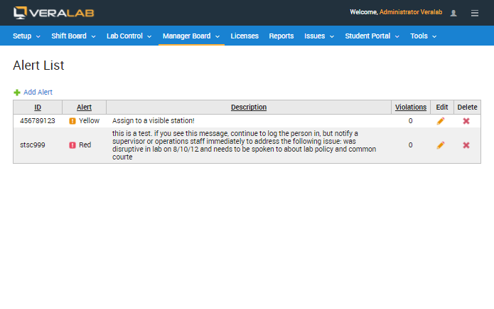 VeraLab Alert List with a Yellow alert and a Red alert, each with an ID, a description of the required action and a violation count