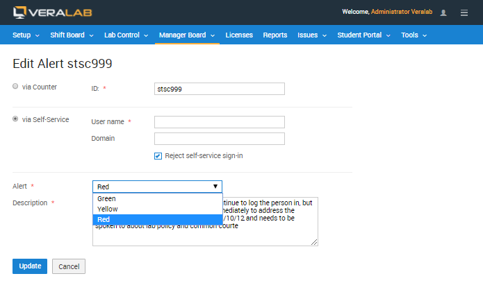 Edit Alert form with counter and self-service options and the alert level drop-down open showing Green, Yellow and Red