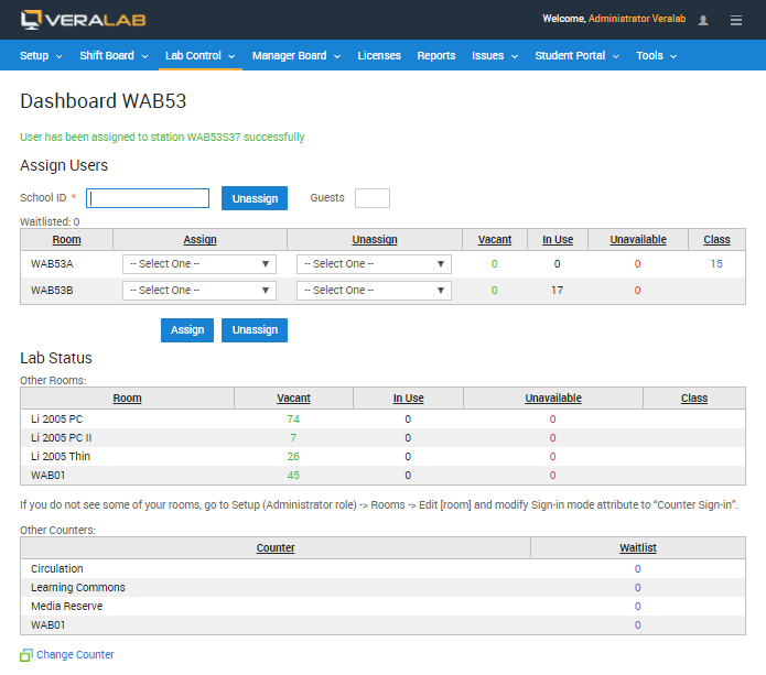 Lab Assistant Dashboard with room WAB53A reserved for a class of 15 and a Lab Status table showing vacant workstations in other rooms
