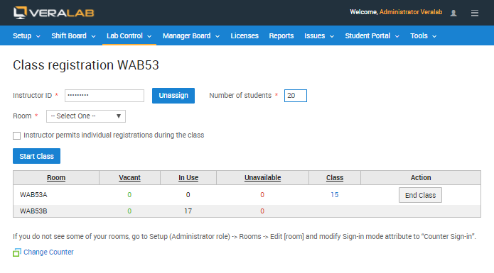 Class registration form with instructor ID, number of students, room, the option to permit individual registrations, and an End Class button for room WAB53A