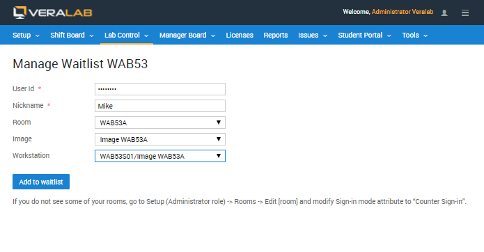 Manage Waitlist form with a specific room, image and workstation selected