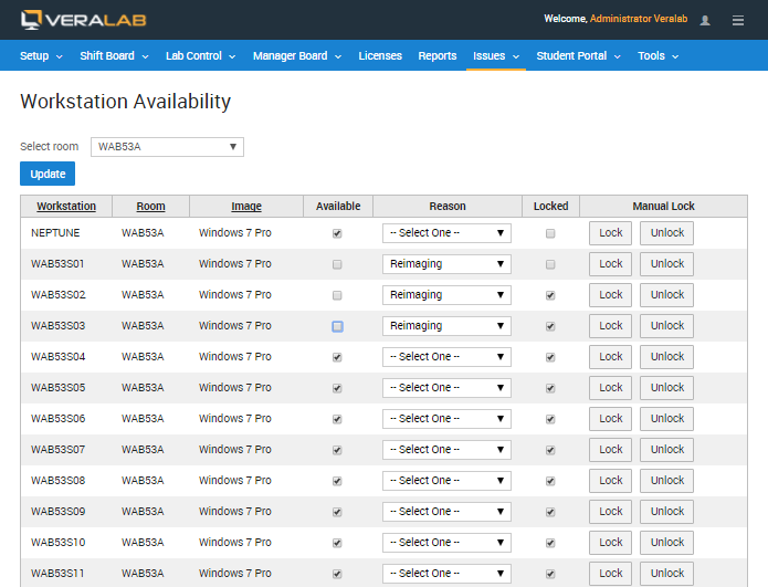 Workstation Availability table for room WAB53A with Available checkboxes, Reason drop-downs such as Reimaging, Locked status and Lock and Unlock buttons