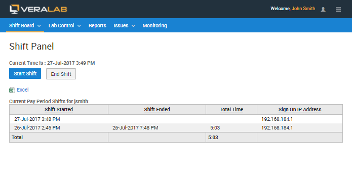 Shift Panel for a lab assistant with Start Shift and End Shift buttons and a table of current pay period shifts with total time and sign-on IP address