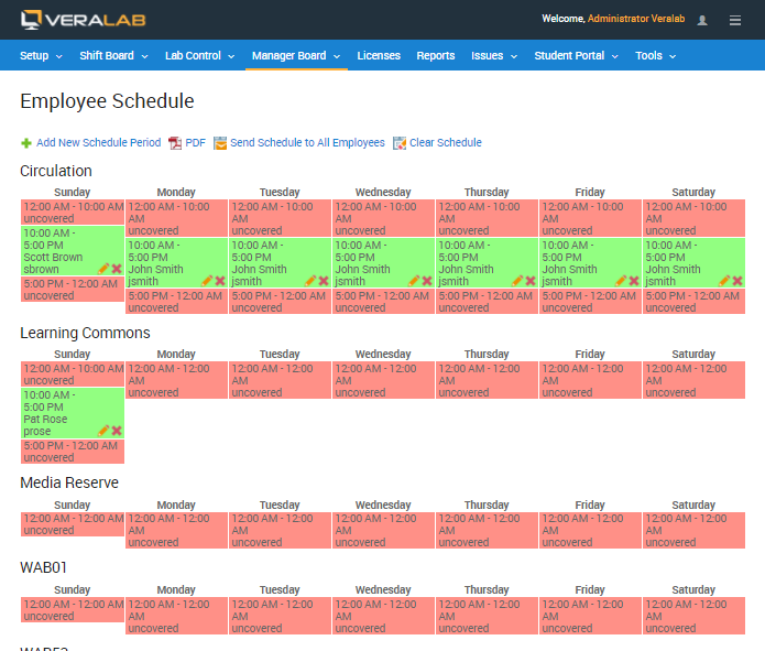 Employee Schedule with weekly grids per counter, covered shifts in green with employee names and uncovered periods in red, plus PDF and Send Schedule to All Employees links