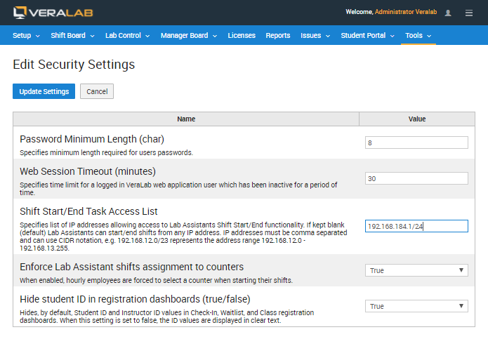 Edit Security Settings page with the Shift Start/End Task Access List field holding an IP range in CIDR notation