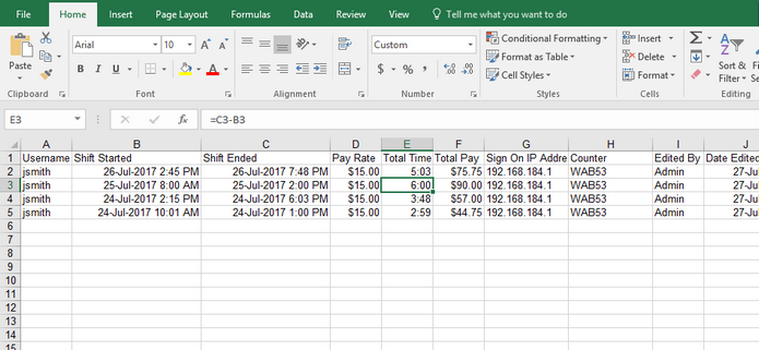 Detailed payroll data opened in Microsoft Excel with columns for username, shift start and end, pay rate, total time, total pay, sign-on IP address and counter