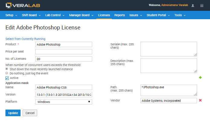 VeraLab Edit Adobe Photoshop License form with No. of Licenses set to 20 and options to shut down the most recently launched instance or only log the event when the limit is exceeded