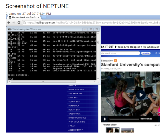 Remote screenshot of workstation NEPTUNE captured by VeraLab, showing a web browser and a command prompt window open on the user's screen