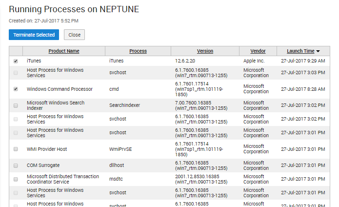 Running Processes on NEPTUNE listing product name, process, version, vendor and launch time, with two processes selected and a Terminate Selected button