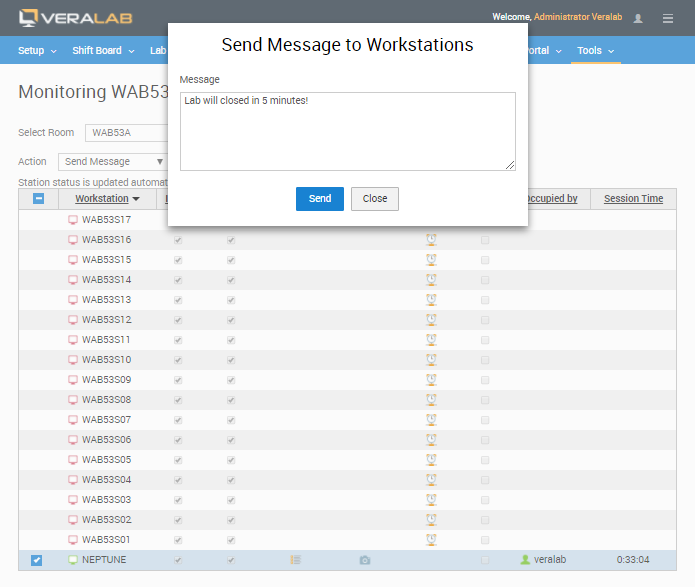 Monitoring task with the Send Message to Workstations dialog open, containing an announcement that the lab will close in 5 minutes