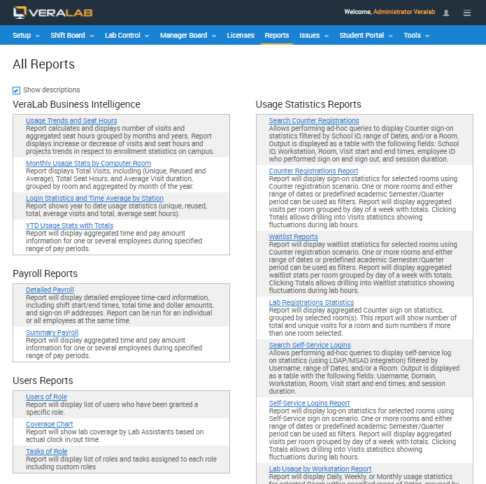 VeraLab All Reports page listing Business Intelligence, Payroll, Users and Usage Statistics reports with descriptions