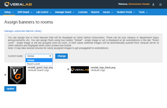 Assign banners to rooms page with the Global and Room Level mode selector and two logo images selected from the lock screen banner library