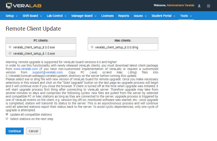 Remote Client Update wizard listing PC .exe and Mac .dmg client packages with options to update all compatible stations or select stations