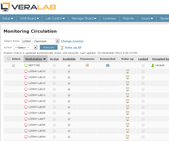 VeraLab Monitoring task for room Li2064 - Classroom listing workstations with In Use, Available, Locked and Occupied By columns