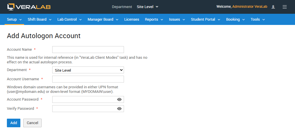 Form for adding an autologon account for LDAP Mode