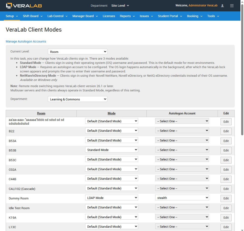 VeraLab Client Modes task listing rooms with their sign-in mode and autologon account