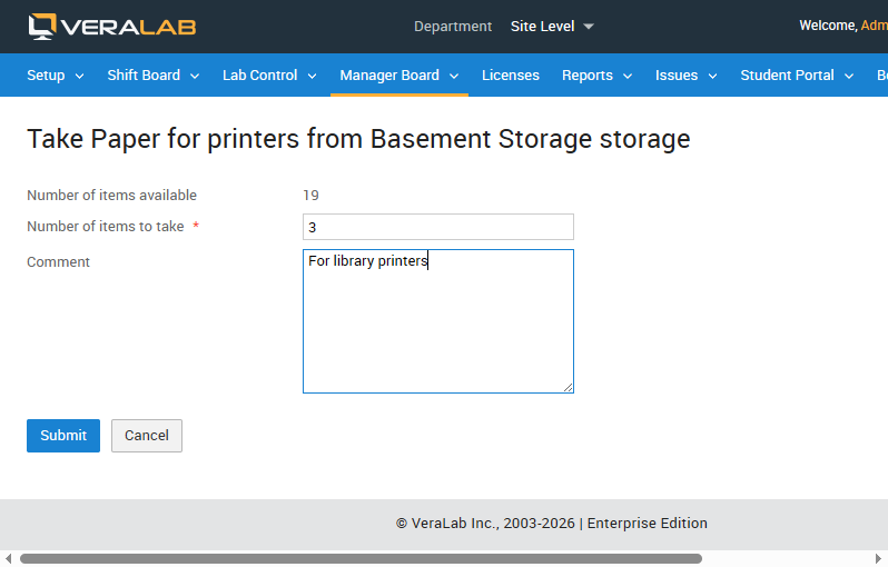 Inventory transaction form in VeraLab with the new Comments field