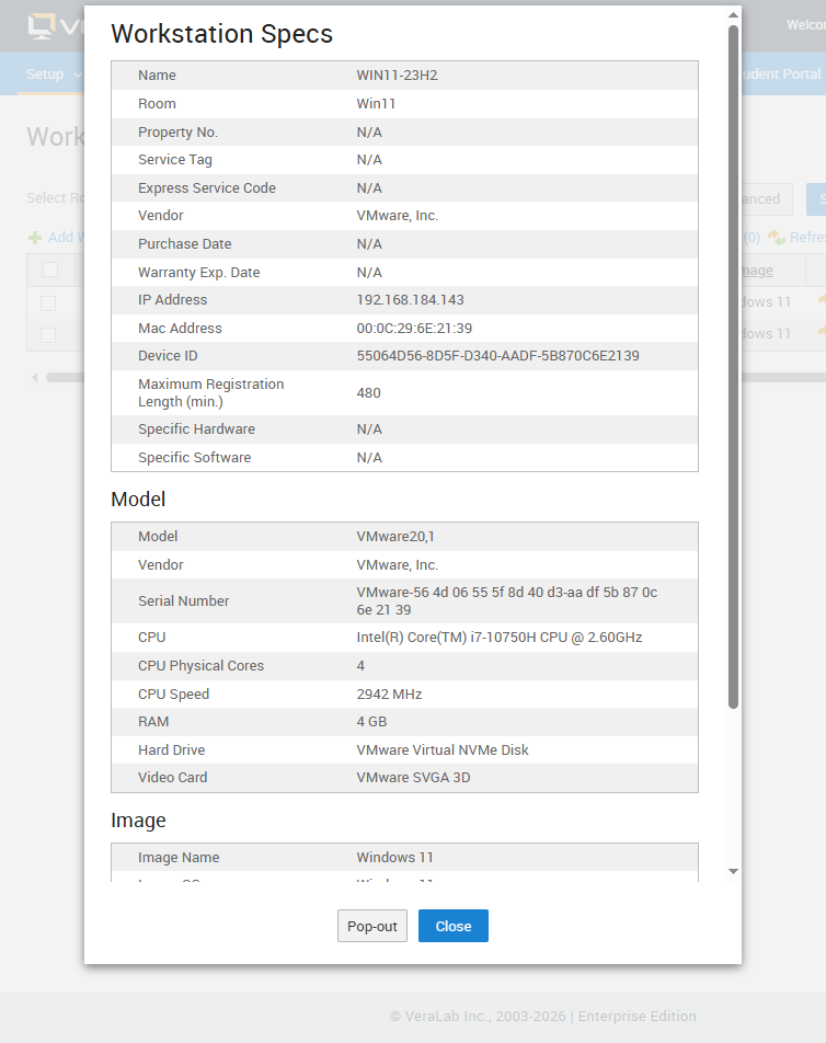 Workstation Specs panel showing the auto-detected Device ID and computer model
